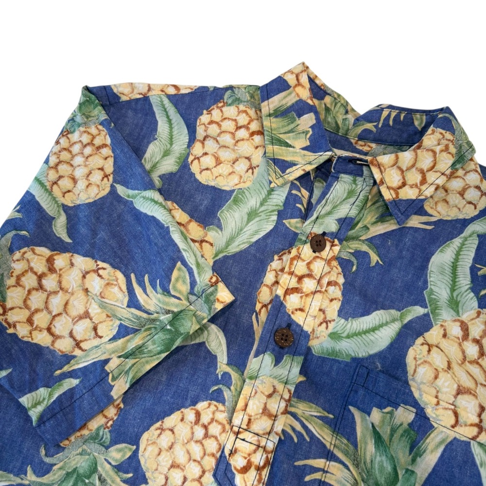 Vintage Bishop St. Mens Blue Pineapple Print Reverse‎ Print Hawaiian Shirt Small